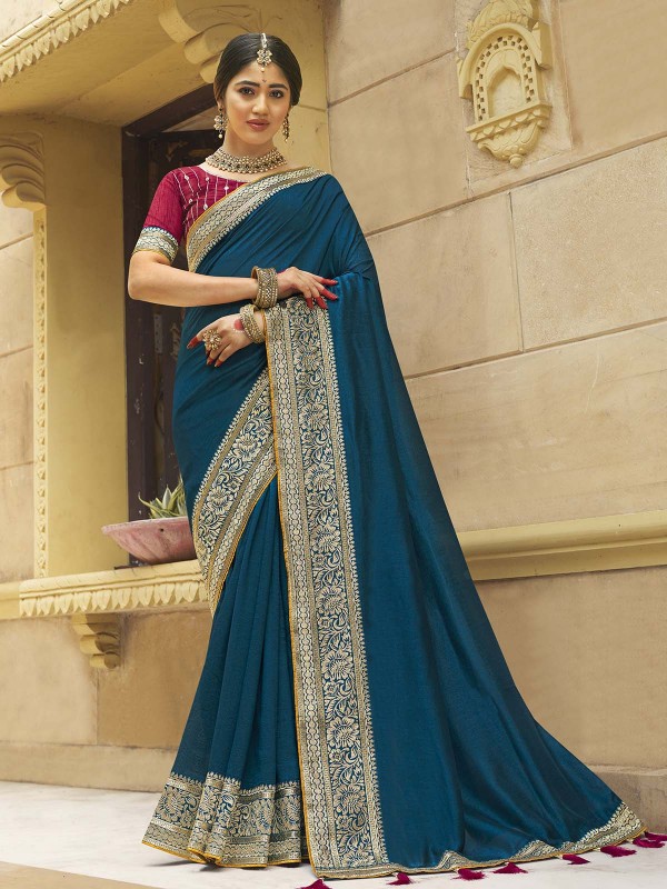 Teal Blue Vichitra Silk Embroidered Saree